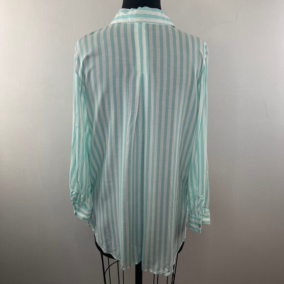 Grand & Green Green White Top Rayon Striped Pleated Button-Up Size Medium M - Picture 6 of 9